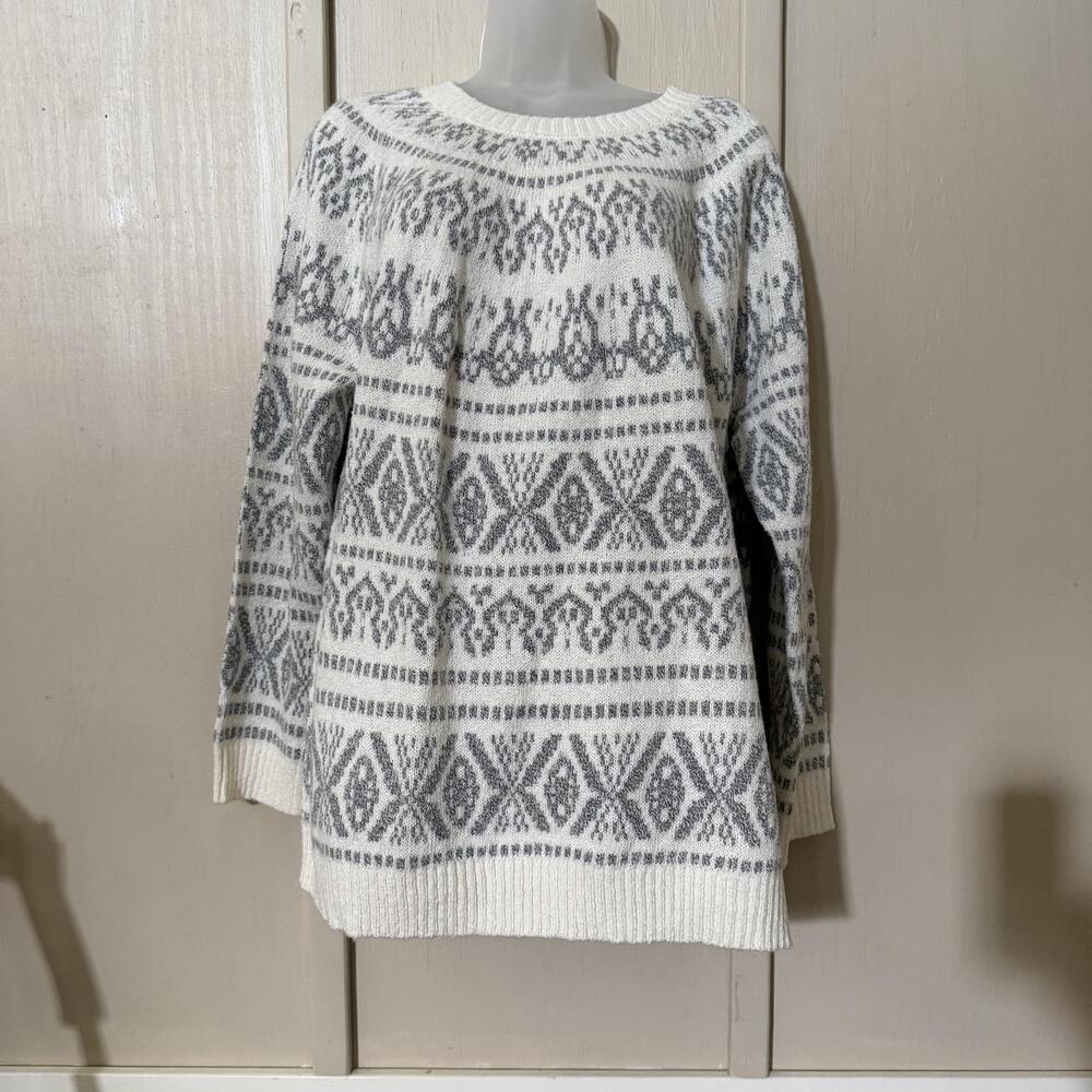 NWT J. Jill Sweater Womens XL White Gray Fair Isle Crew Neck Pullover Winter